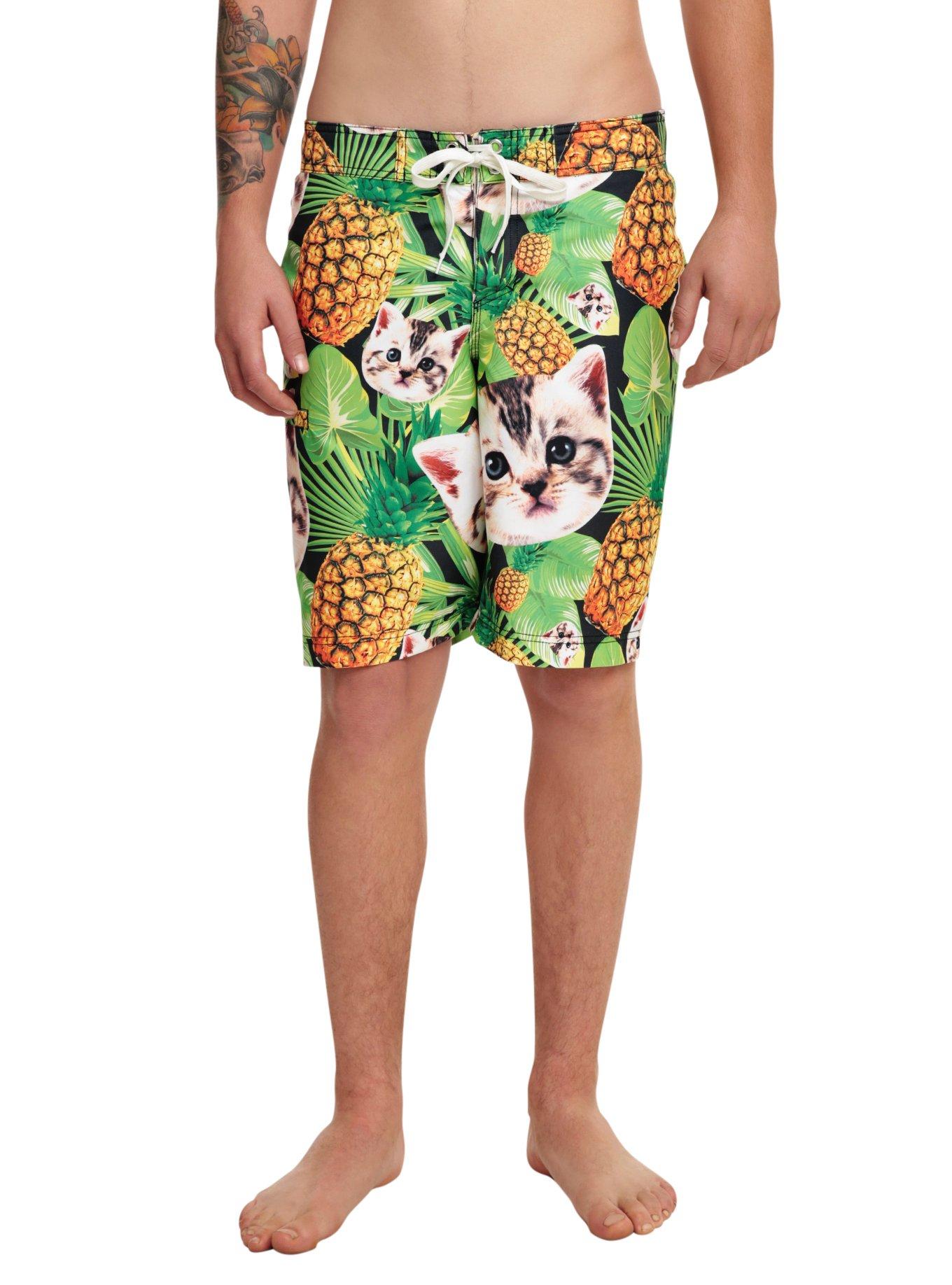 Cats & Pineapples Swim Trunks, BLACK, hi-res