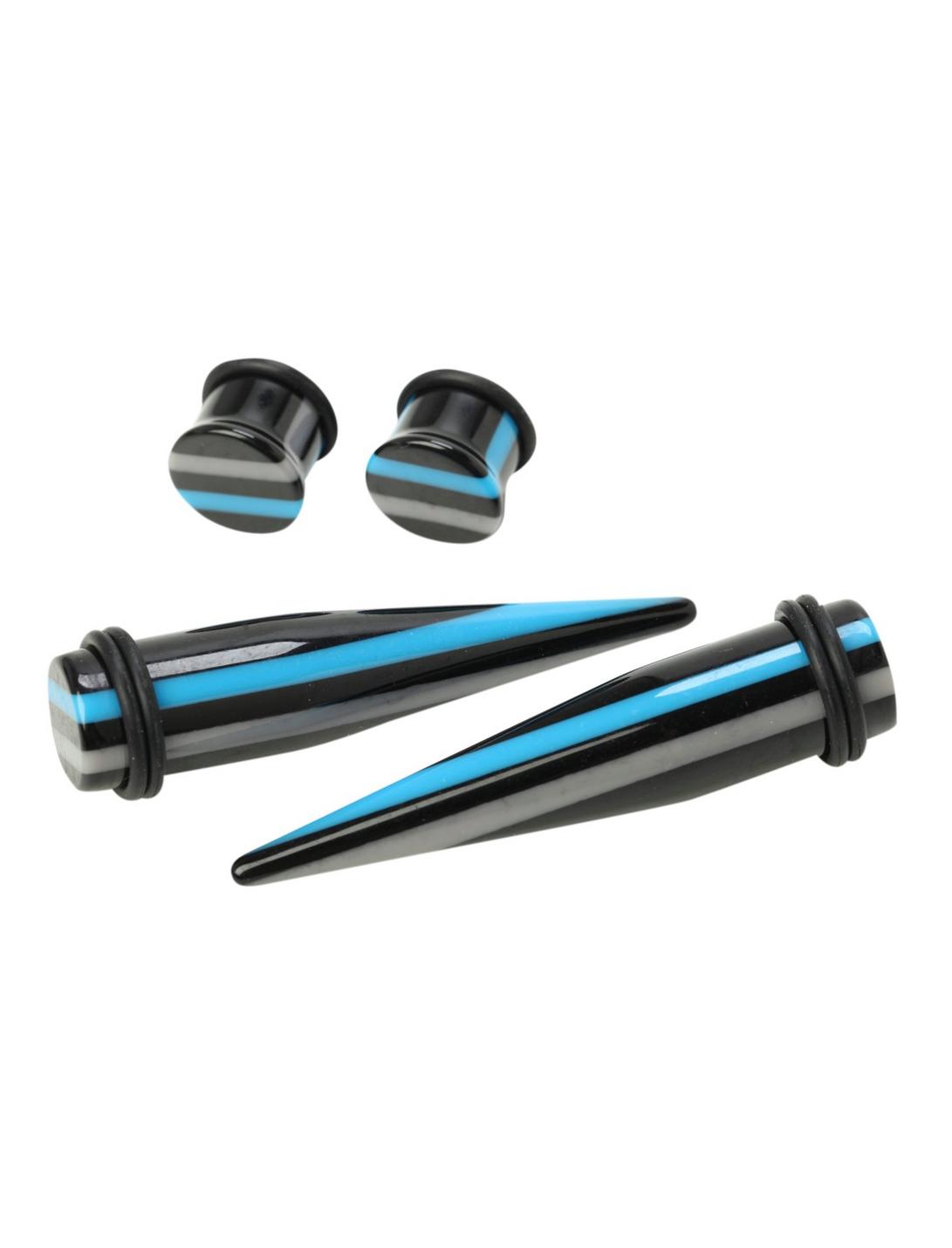 Acrylic Grey Black Blue Striped Taper And Plug 4 Pack, BLACK, hi-res