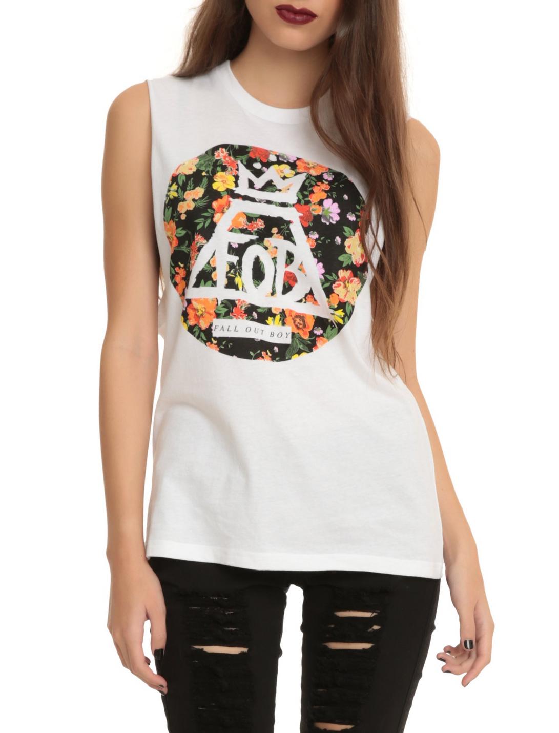Fall Out Boy Floral Circle Girls Muscle Top, WHITE, hi-res