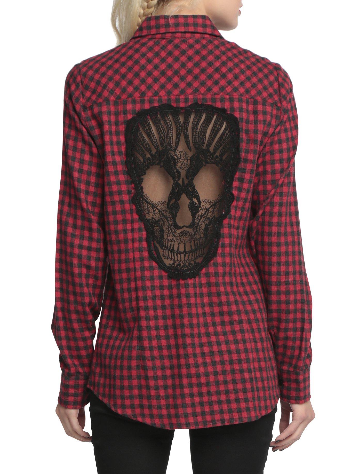 Red & Black Plaid Skull Top, RED, hi-res