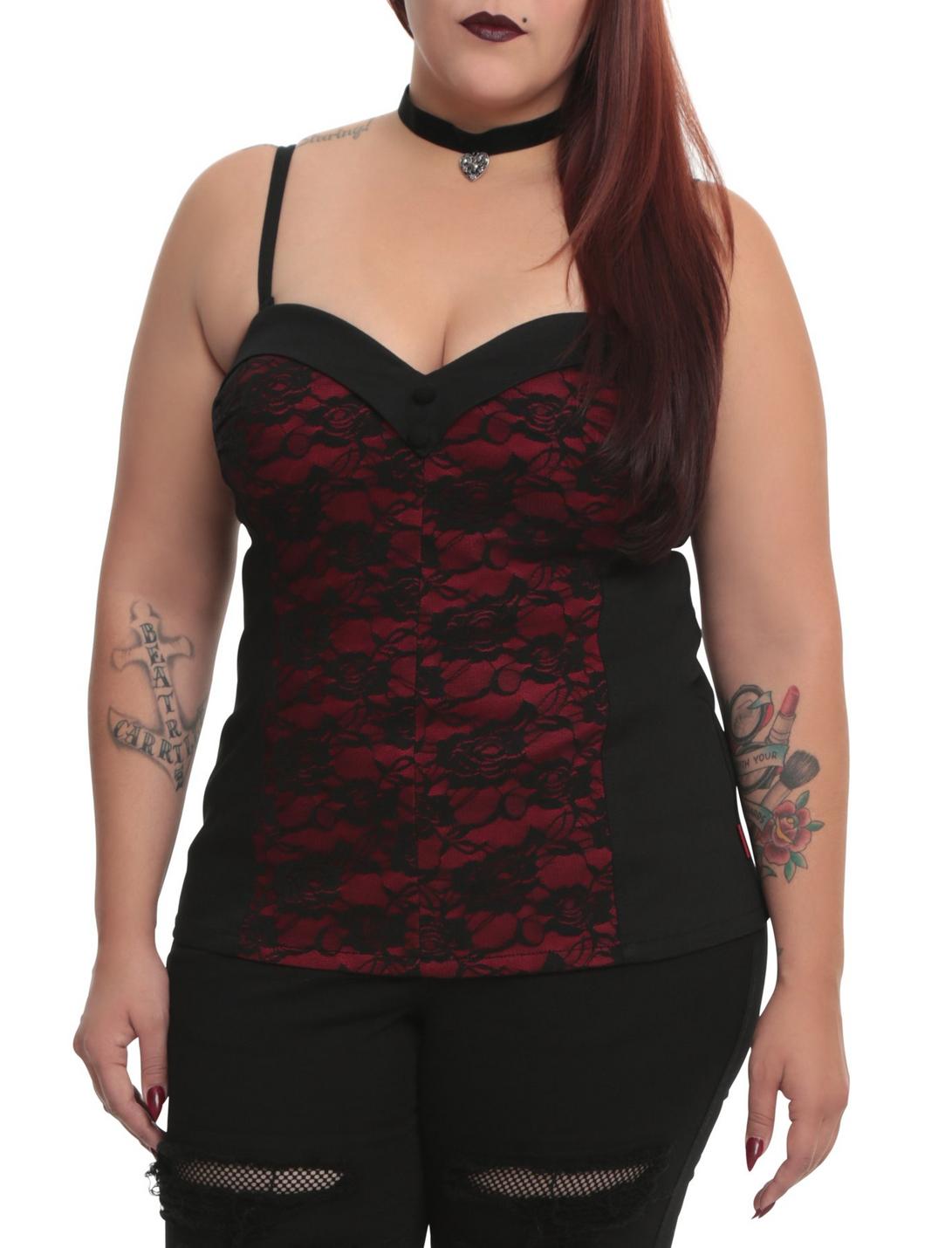 Tripp Black And Red Lace Corset Plus Size, RED, hi-res