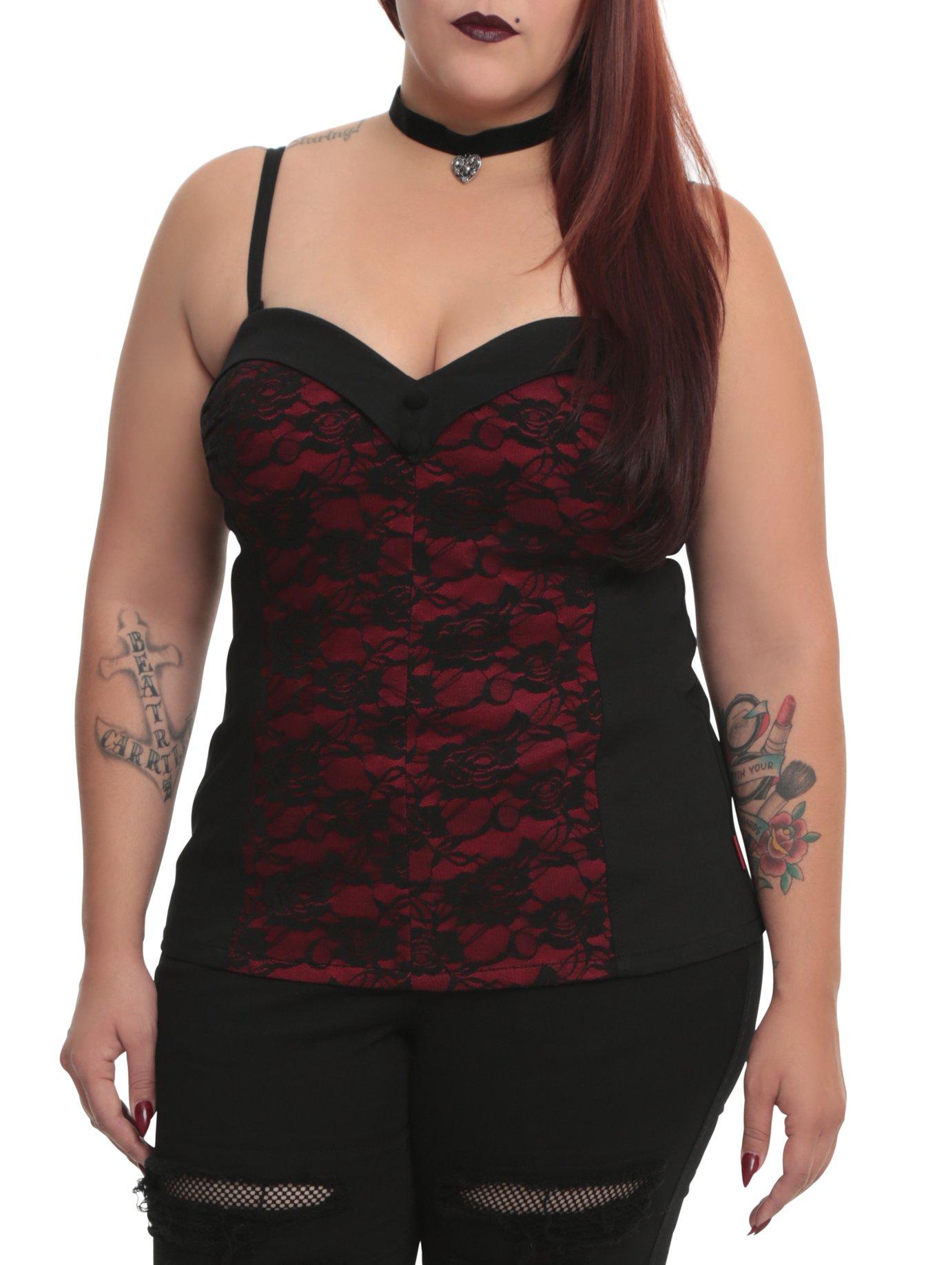 Tripp Black And Red Lace Corset Plus Size, RED, hi-res