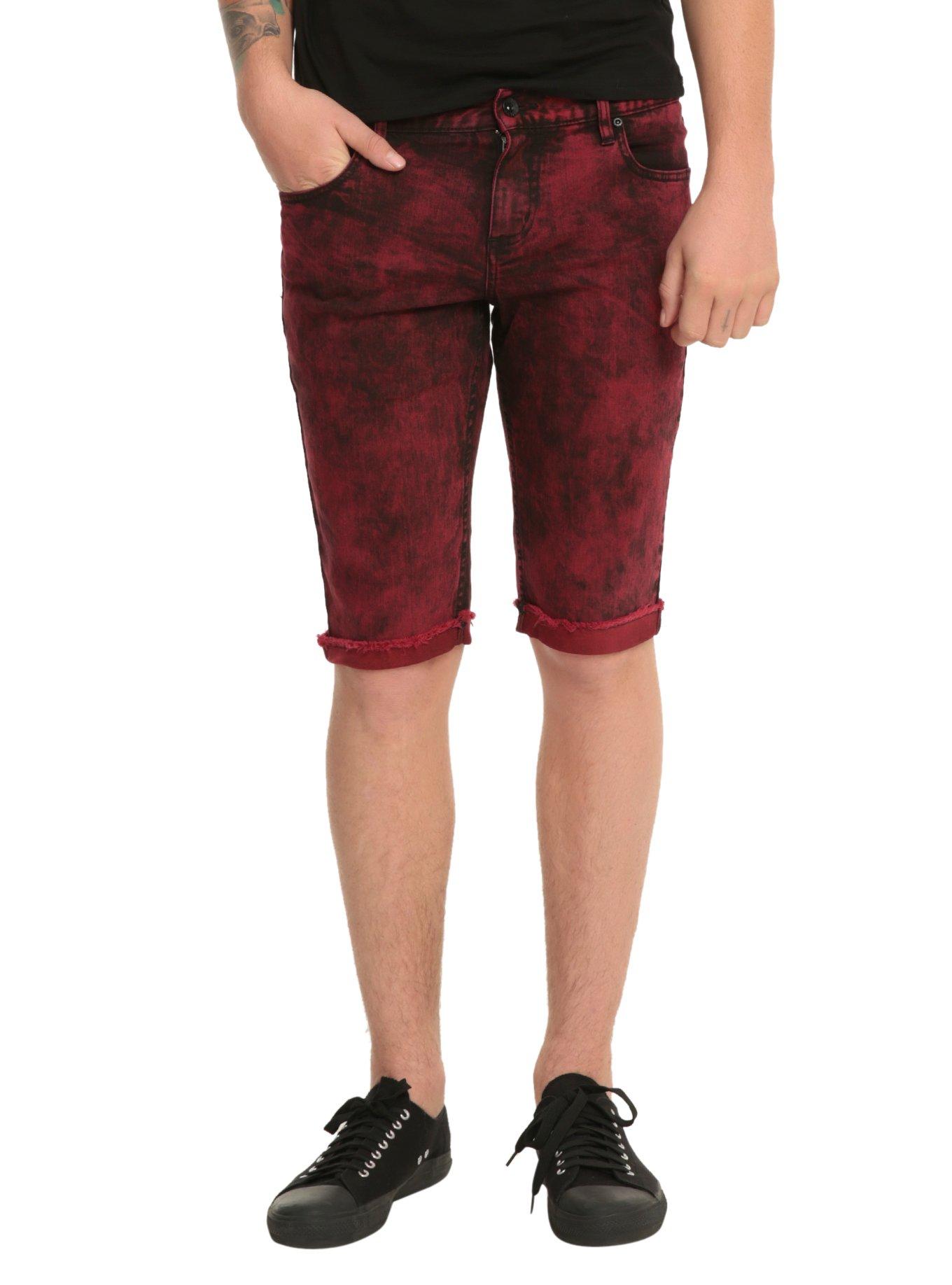 RUDE Red Acid Wash Skinny Shorts, RED, hi-res