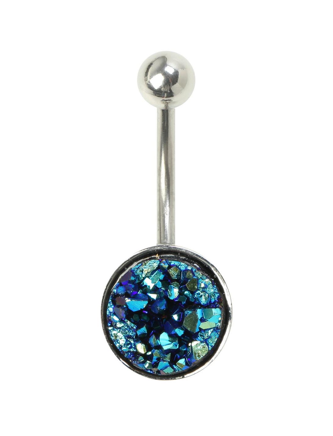 14G Steel Blue Druzy Stone Curved Navel Barbell, , hi-res