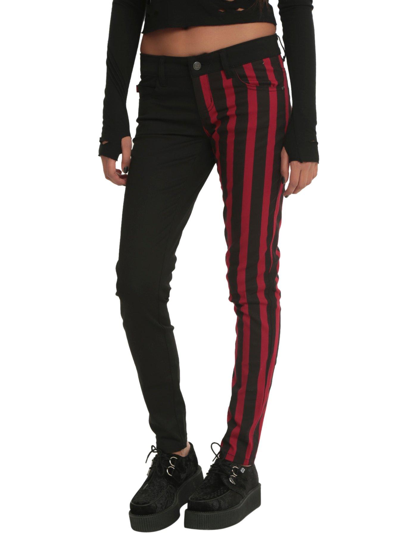 Royal Bones By Tripp Red & Black Stripes Split Leg Skinny Jeans, , hi-res