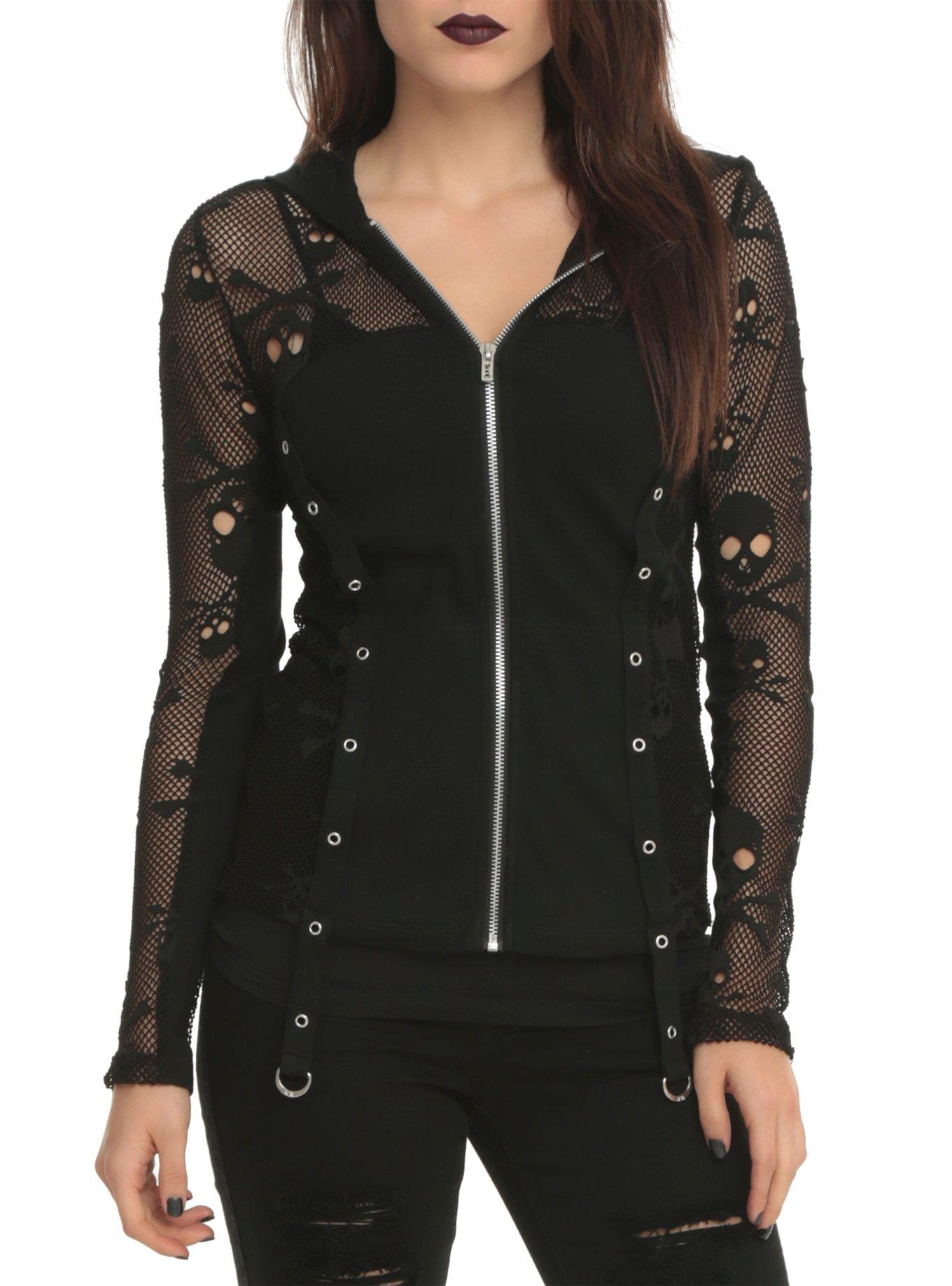 Royal Bones By Tripp Black Skull Mesh Girls Hoodie, BLACK, hi-res