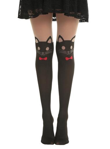 NEW Hot Topic LOVESICK Tights S/M Kitty Cats Feline Opaque Gray Black Meow  Purrr
