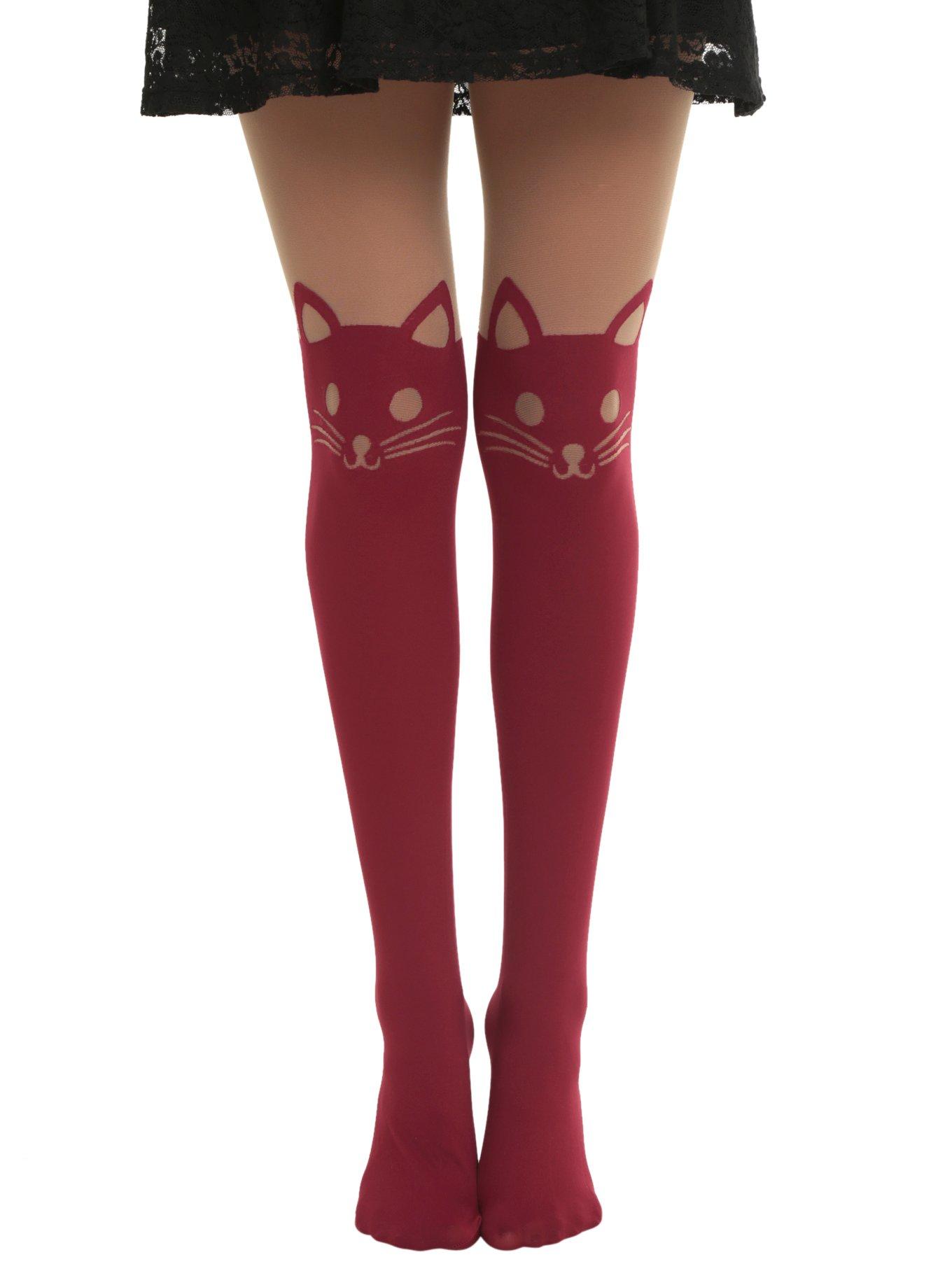 Burgundy Cat Faux Thigh High Tights, BLACK, hi-res