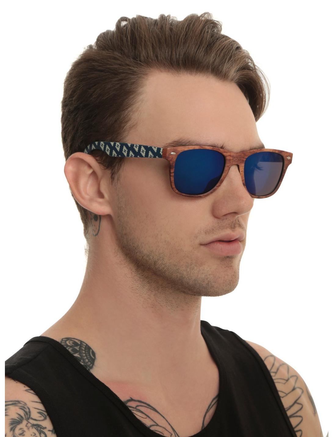Faux Wood & Geometric Retro Sunglasses, , hi-res