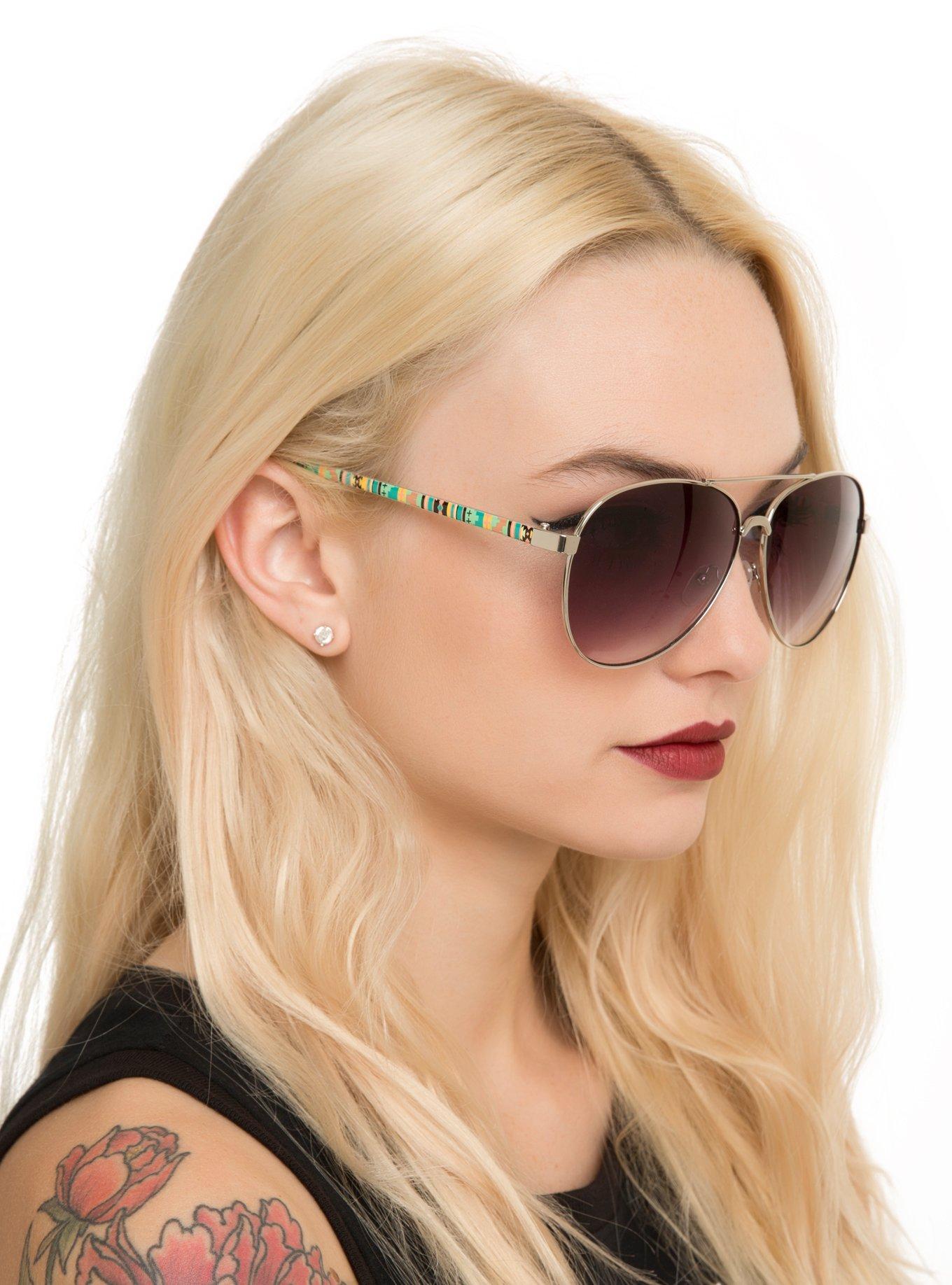 Green & Yellow Aztec Aviator Sunglasses, , hi-res