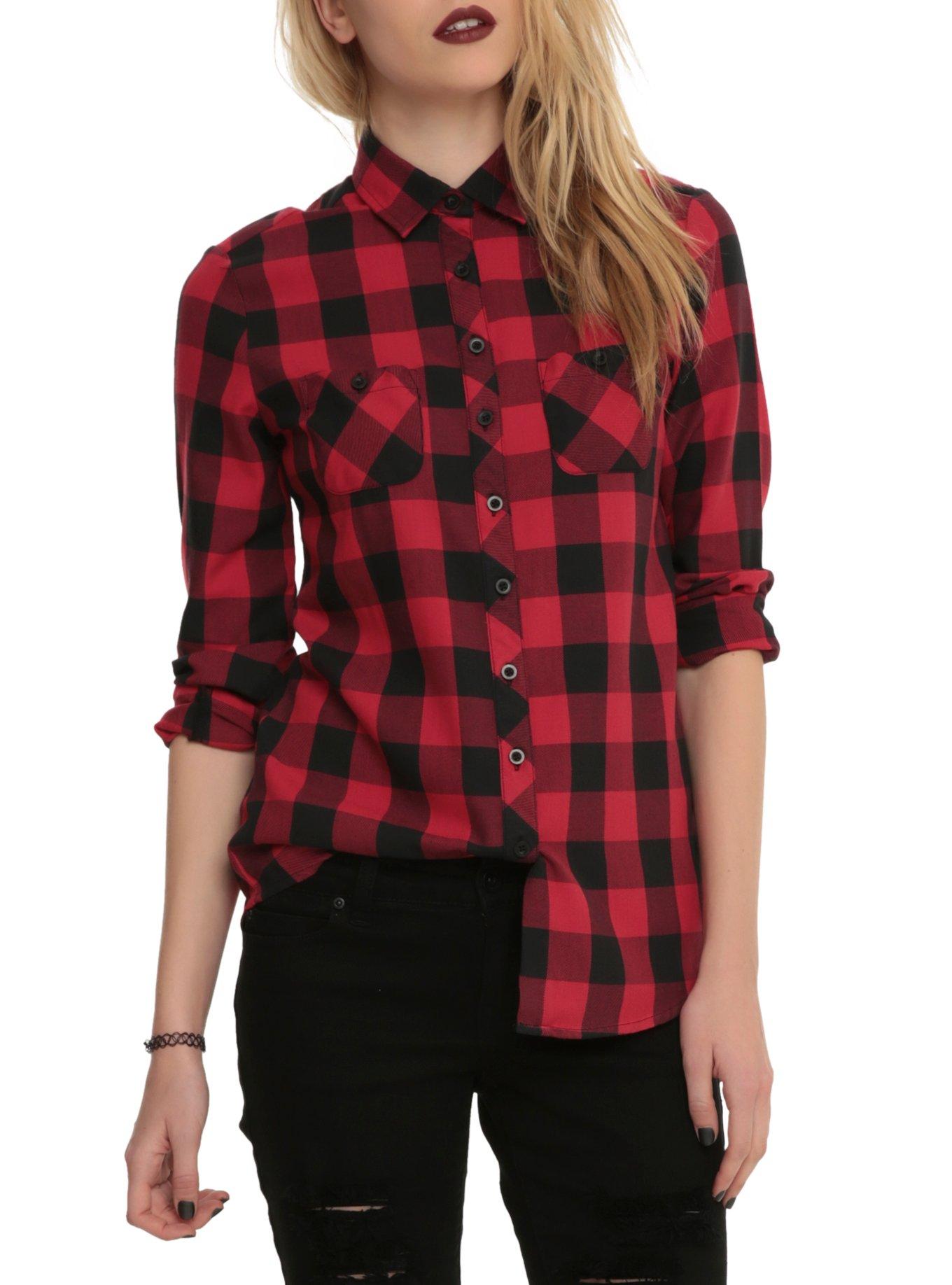 Black And Red Plaid Girls Woven Button-Up, RED, hi-res