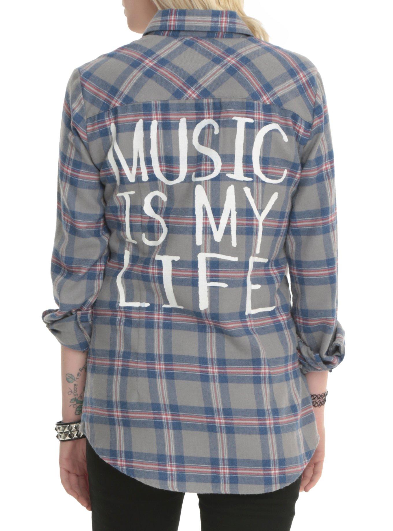 Music Is My Life Grey Plaid Top, LIGHT GRAY, hi-res