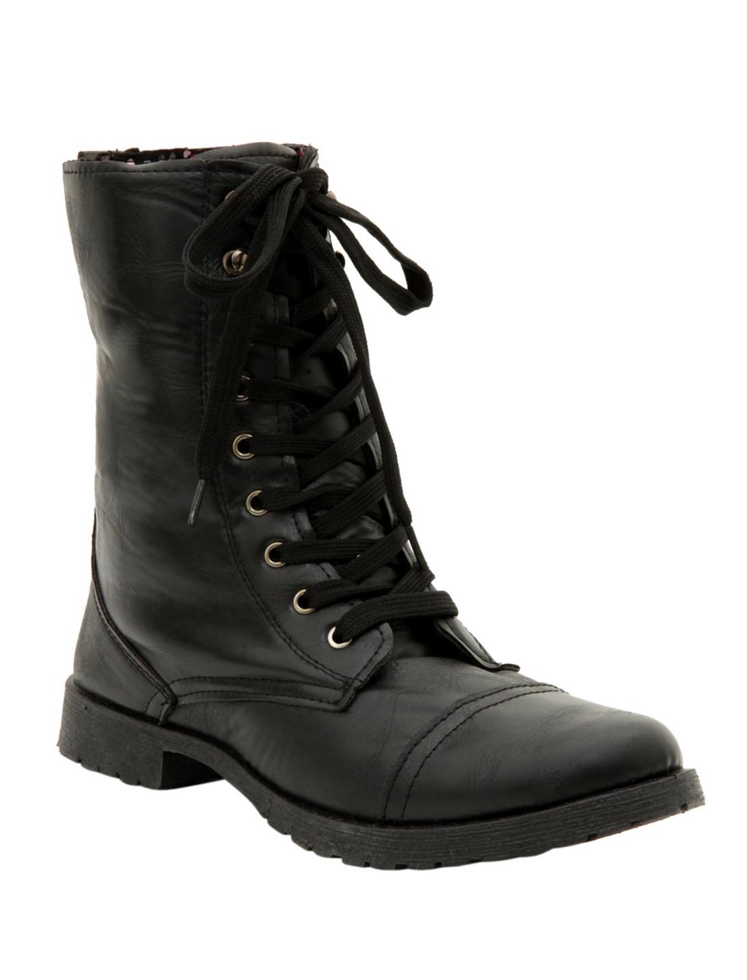 Black Floral Lined Combat Boots, BLACK, hi-res