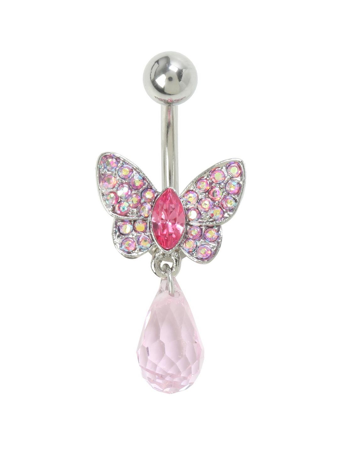 14G Steel Pink CZ Butterfly Navel Barbell, , hi-res