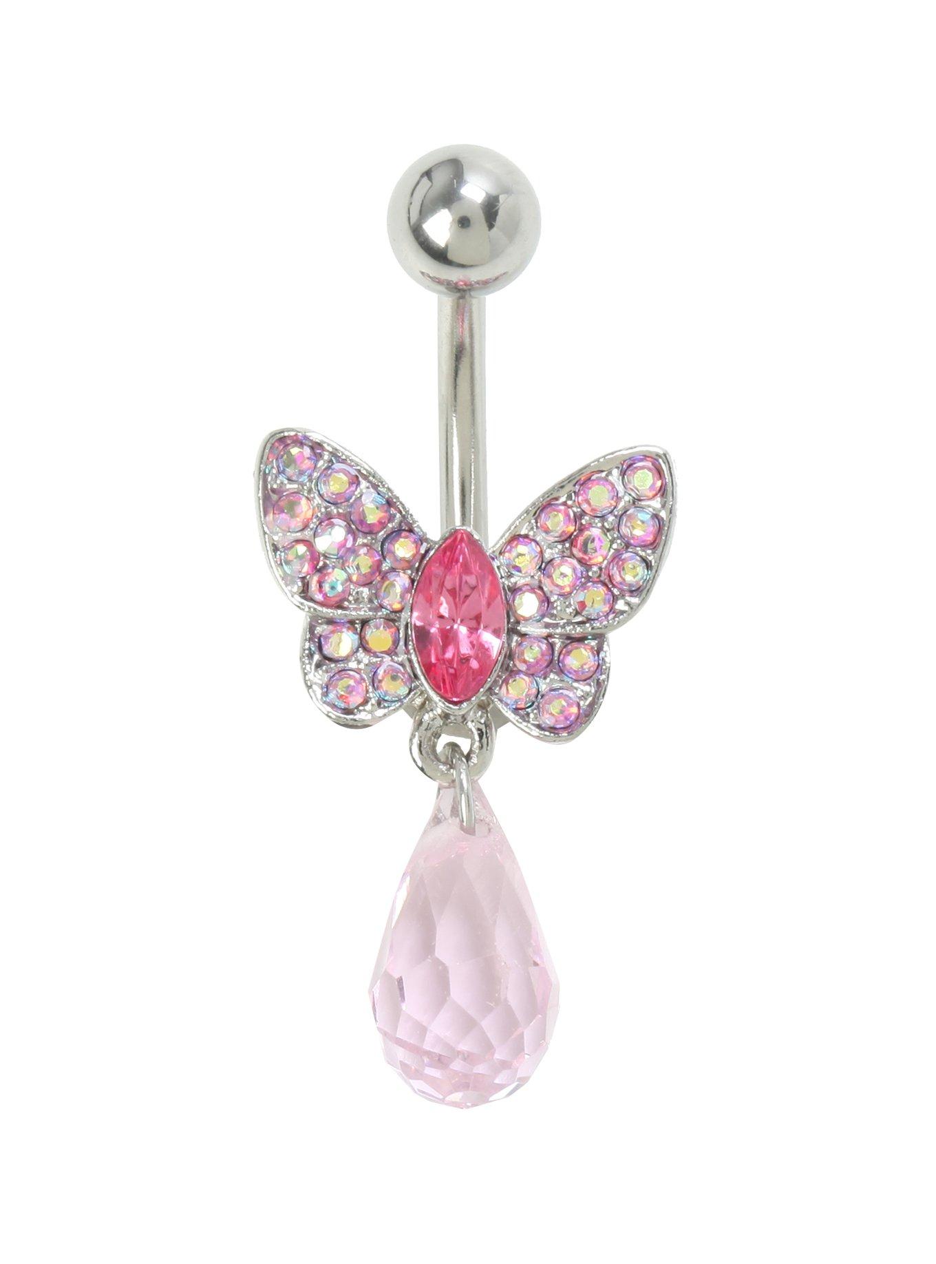 14G Steel Pink CZ Butterfly Navel Barbell, , hi-res