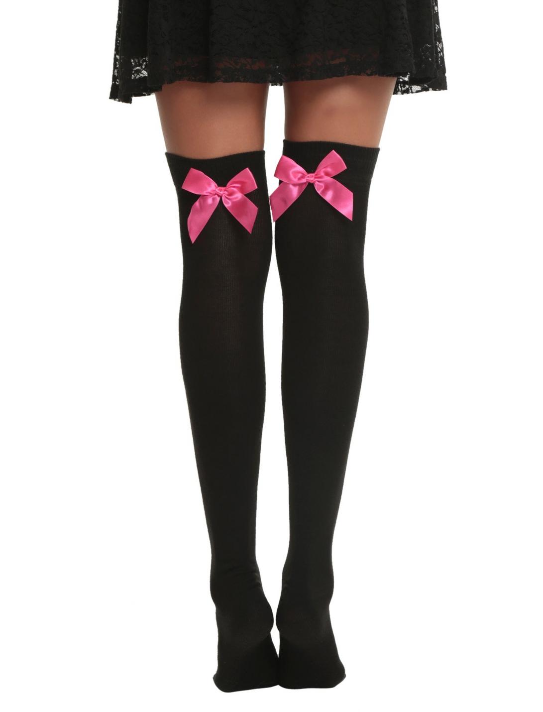 LOVEsick Black And Pink Bow Over-The-Knee Socks, , hi-res