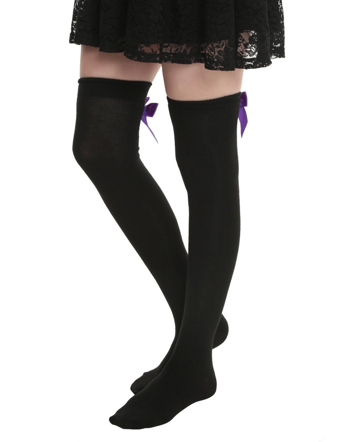 LOVEsick Black And Purple Bow Over-The-Knee Socks, , hi-res