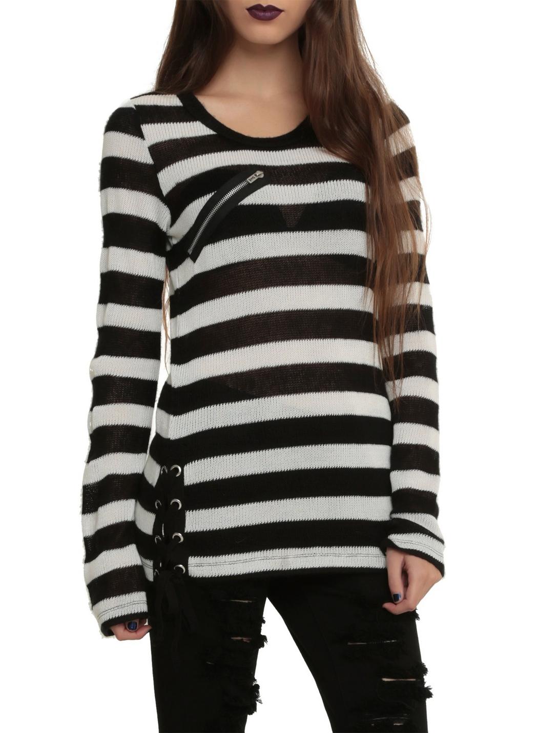 Royal Bones By Tripp Black & White Striped Tunic Sweater, BLACK, hi-res