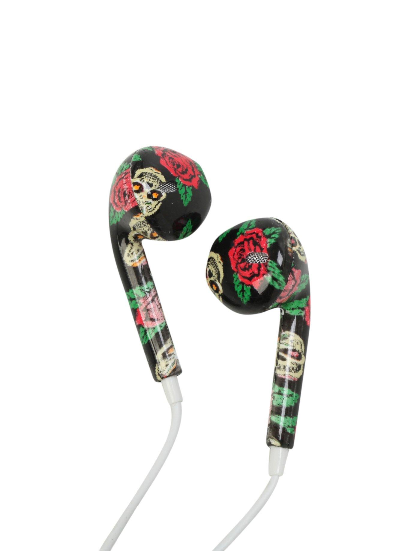 MiCase Sugar Skull Rose Print Earbuds Hot Topic