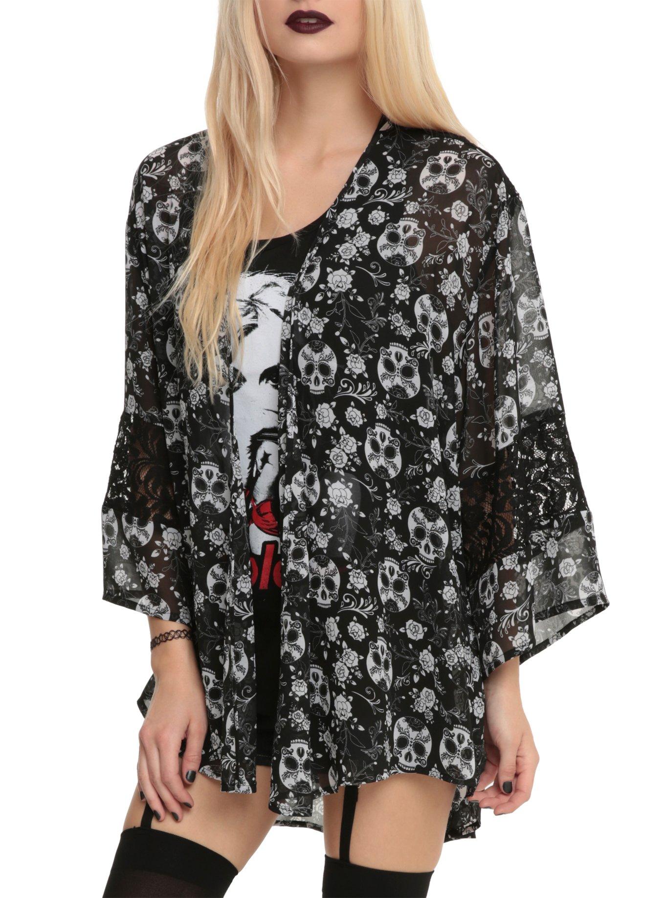 Sugar Skull Rose Kimono Top, BLACK, hi-res