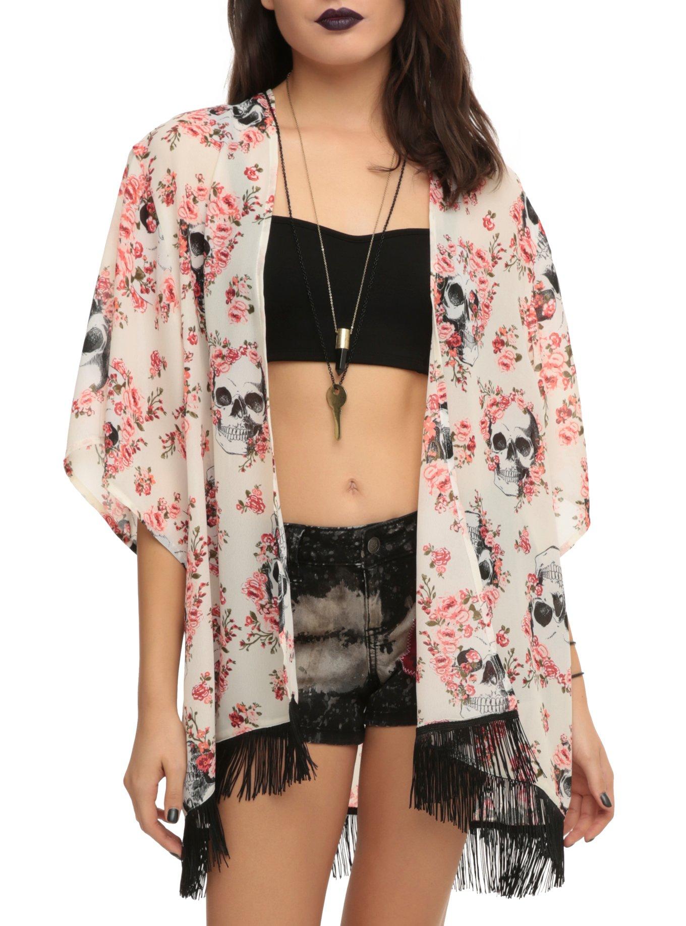 Skull Pink Floral Kimono Top, WHITE, hi-res