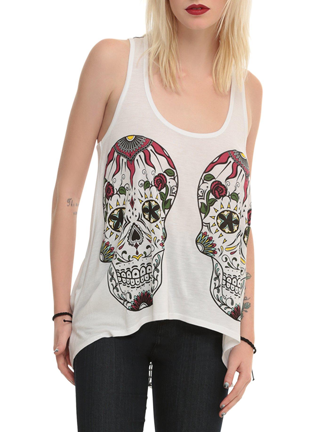 Sugar Skull Crochet Hi-Lo Girls Tank Top, WHITE, hi-res