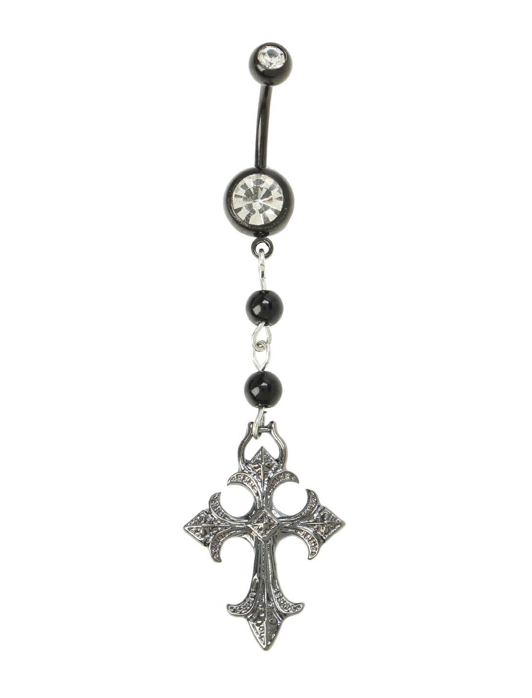 14G Steel Black Rosary Cross Navel Barbell, , hi-res