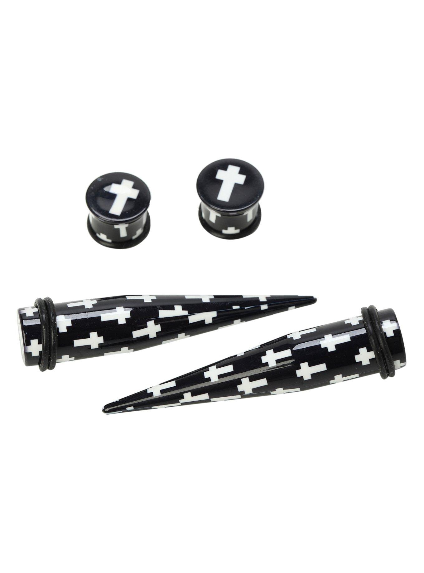 Acrylic Black & White Cross Taper And Plug 4 Pack, BLACK, hi-res