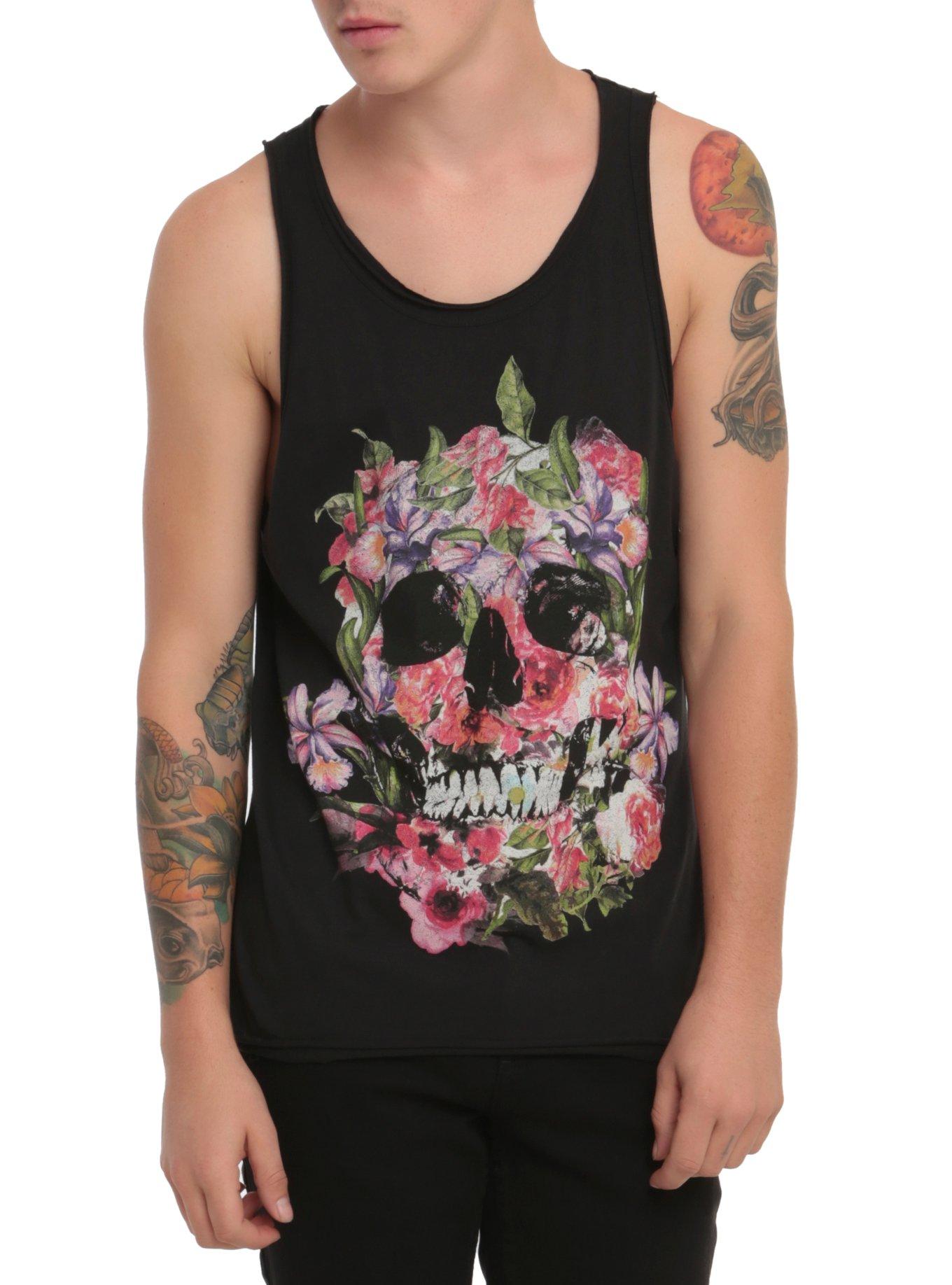 RUDE Floral Skull Tank Top, BLACK, hi-res
