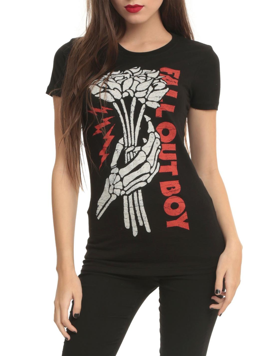 Fall Out Boy Skeleton Hand Roses Girls T-Shirt, BLACK, hi-res