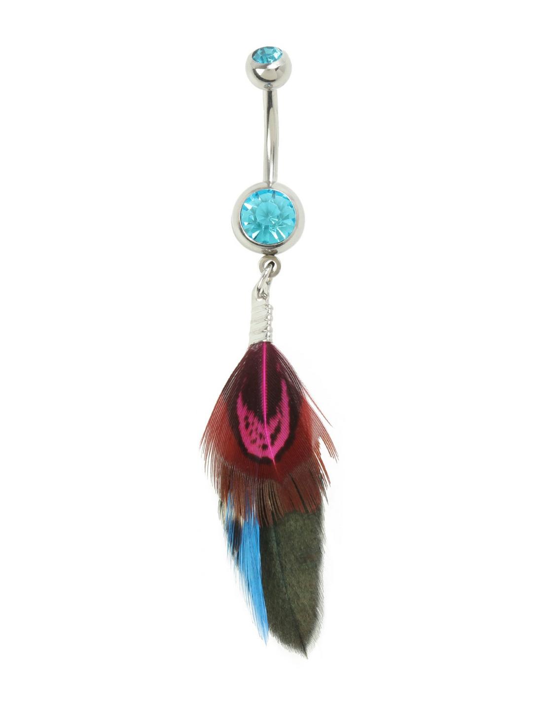 14G Steel Turquoise CZ Feather Navel Barbell, , hi-res