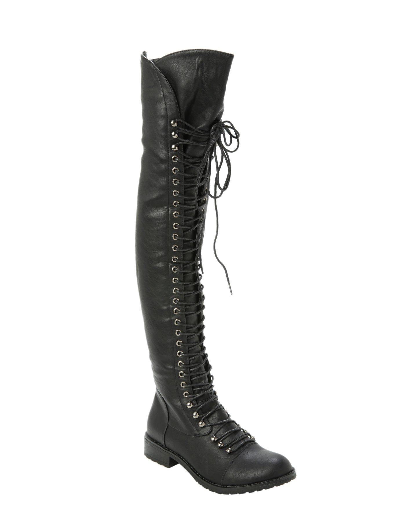 Black Lace-Up PU Boots, BLACK, hi-res