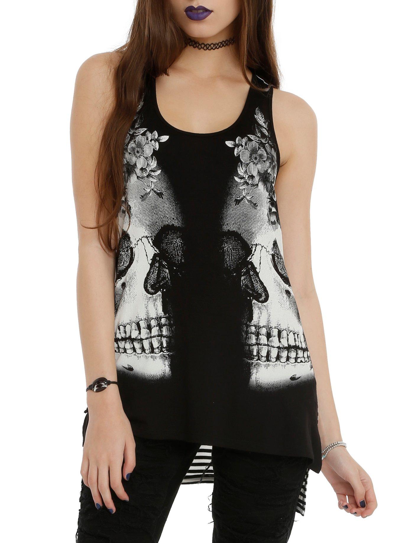 Skulls Black & White Stripe Hi-Low Girls Tank Top, BLACK, hi-res