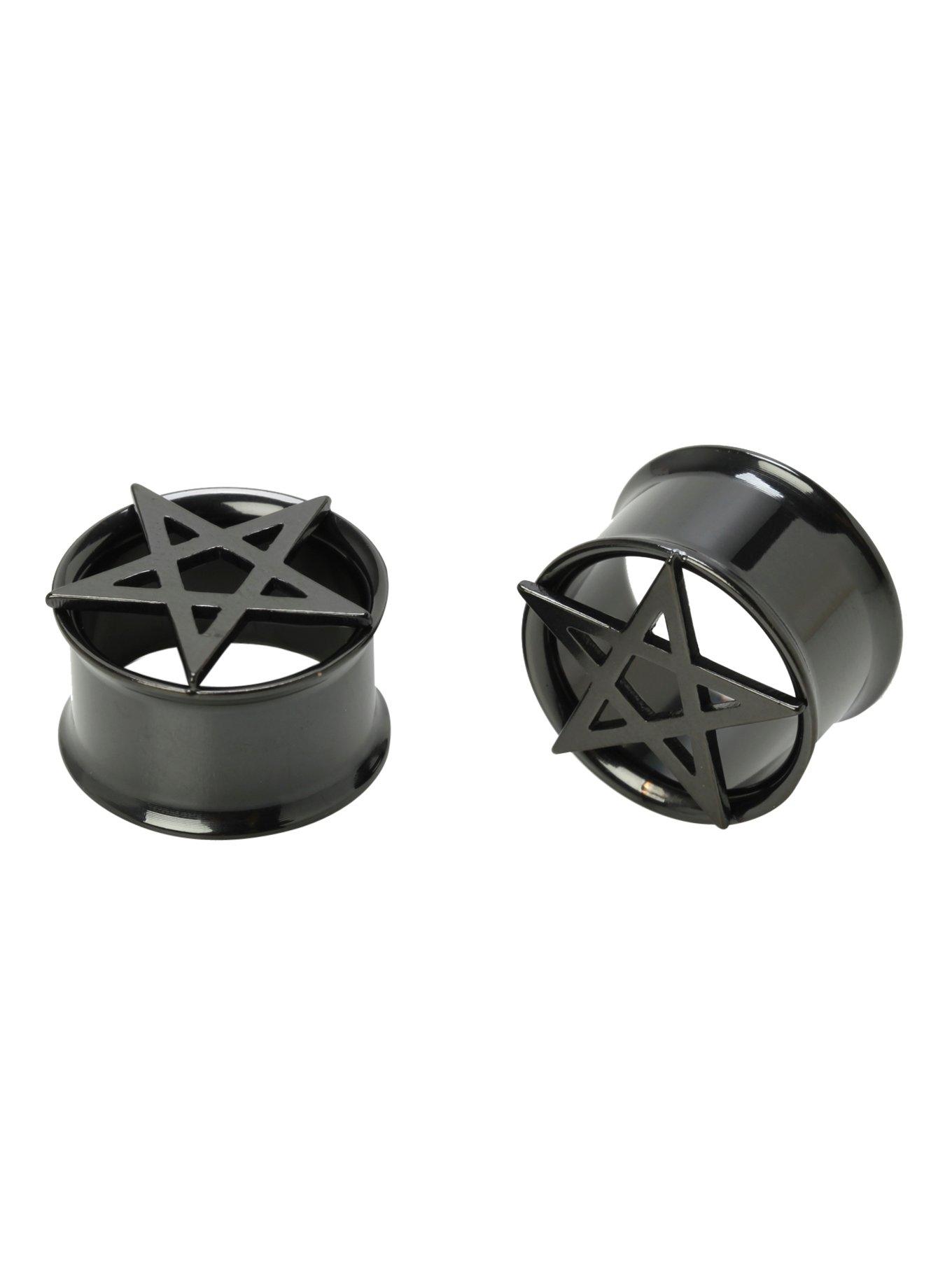 Steel Black Pentagram Cut-Out Double Flare Plug 2 Pack, BLACK, hi-res