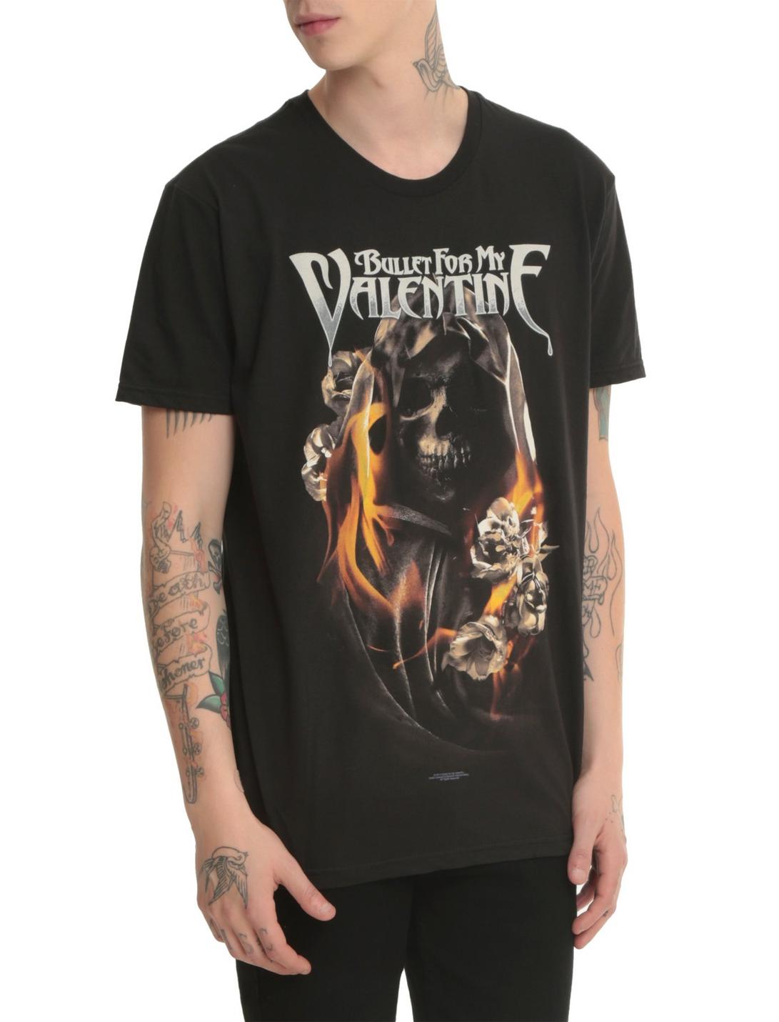 Bullet For My Valentine Skull Flowers Flames T-Shirt 2XL, BLACK, hi-res