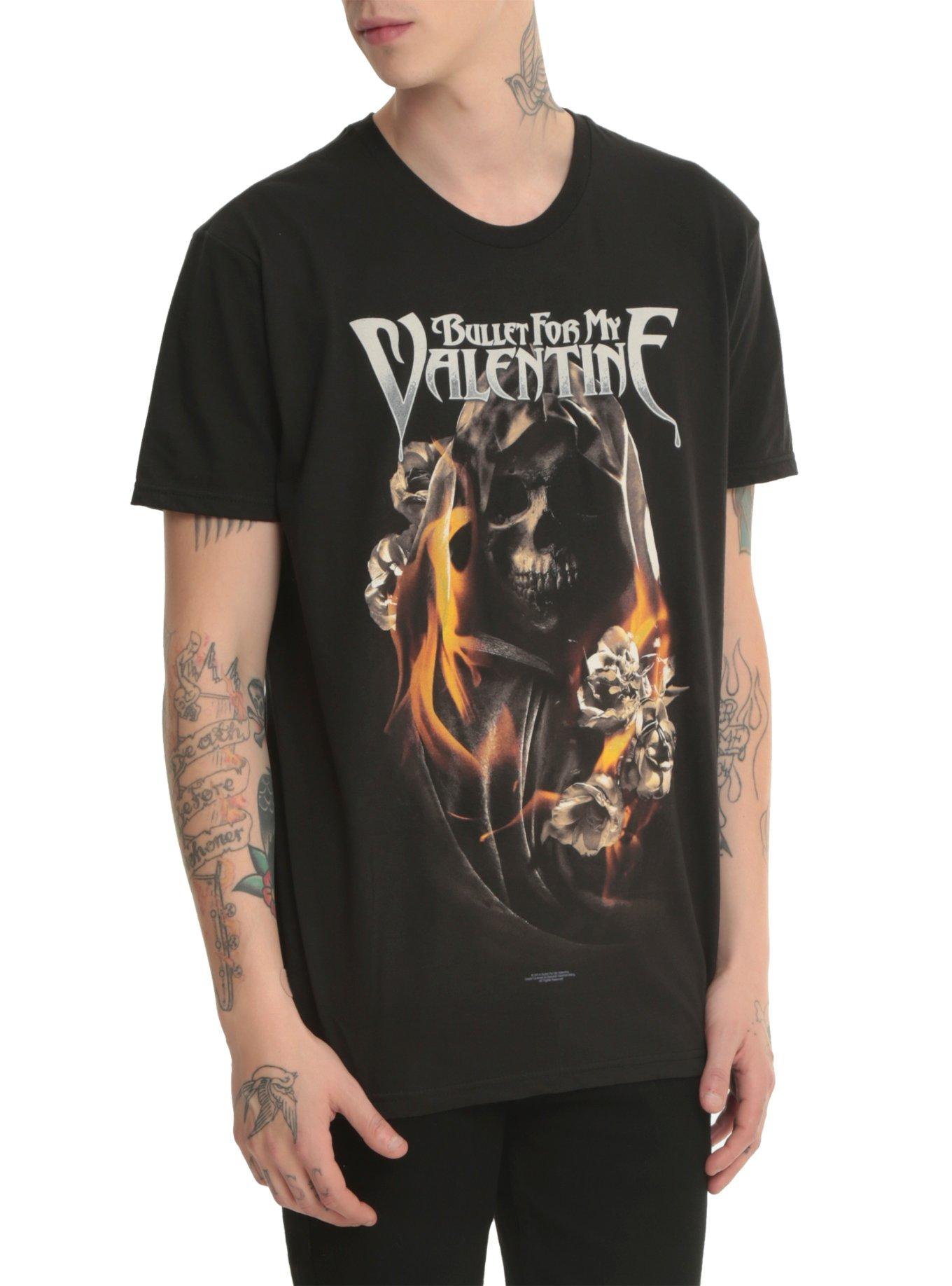 Bullet For My Valentine Skull Flowers Flames T-Shirt, BLACK, hi-res