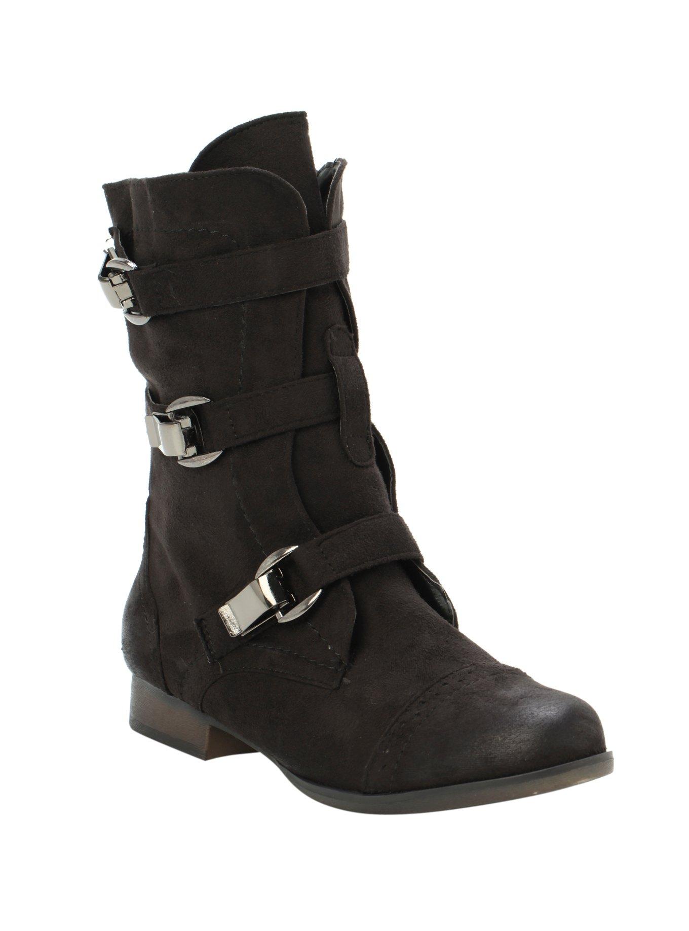 Black Suede Buckle Combat Boot, BLACK, hi-res view 1