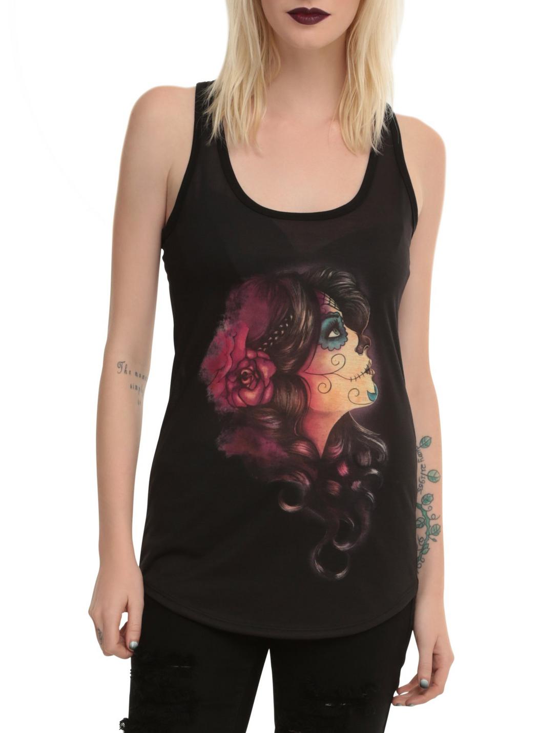 Day Of The Dead Watercolor Girls Tank Top, BLACK, hi-res