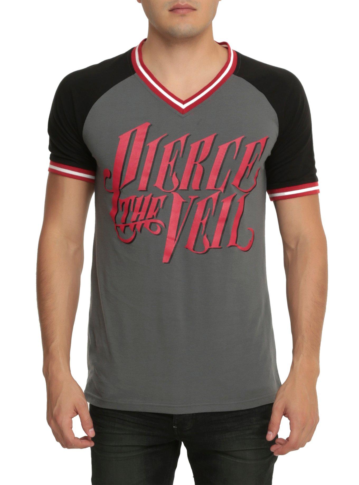 Pierce The Veil Logo Athletic V-Neck T-Shirt, BLACK, hi-res