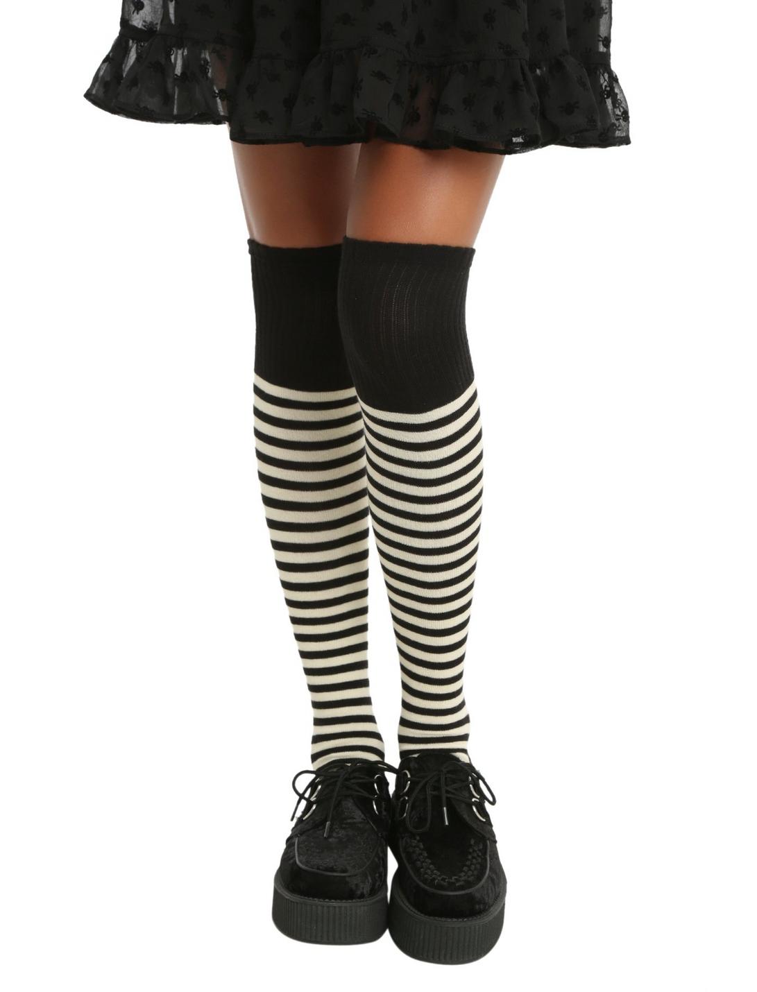 LOVEsick Black & Cream Striped Over-The-Knee Socks, , hi-res