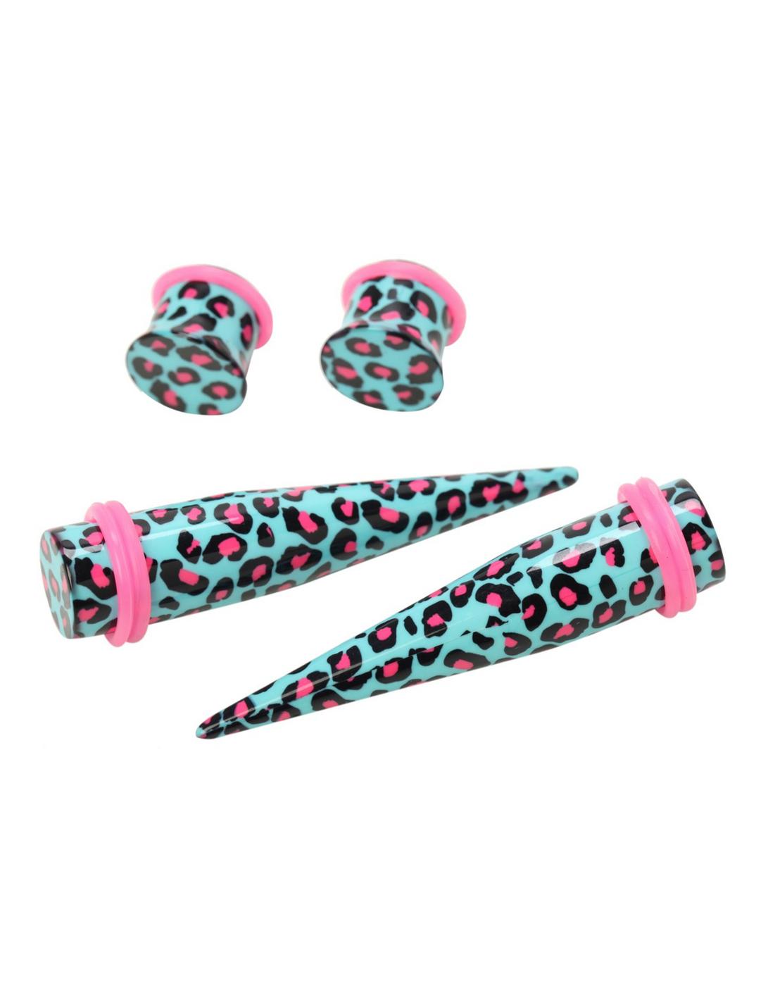 Acrylic Mint & Pink Leopard Taper & Plug 4 Pack, MINT, hi-res