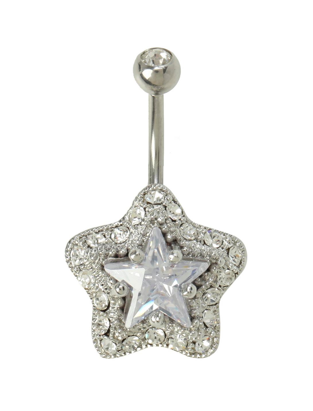 14G Steel Clear CZ Big Bling Star Navel Barbell, , hi-res