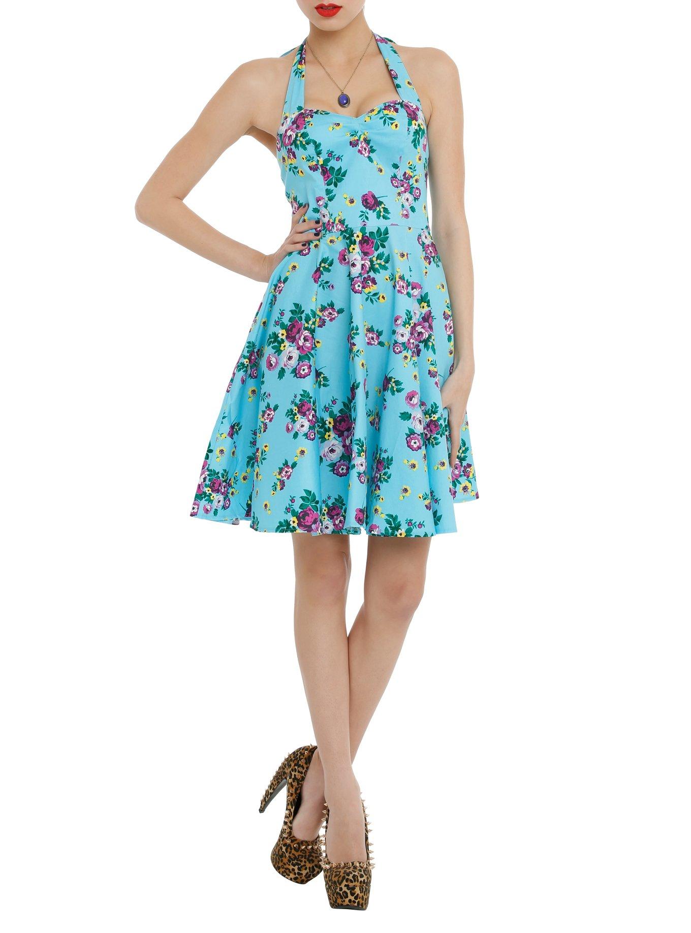 Hell Bunny Turquoise Floral Halter Dress | Hot Topic