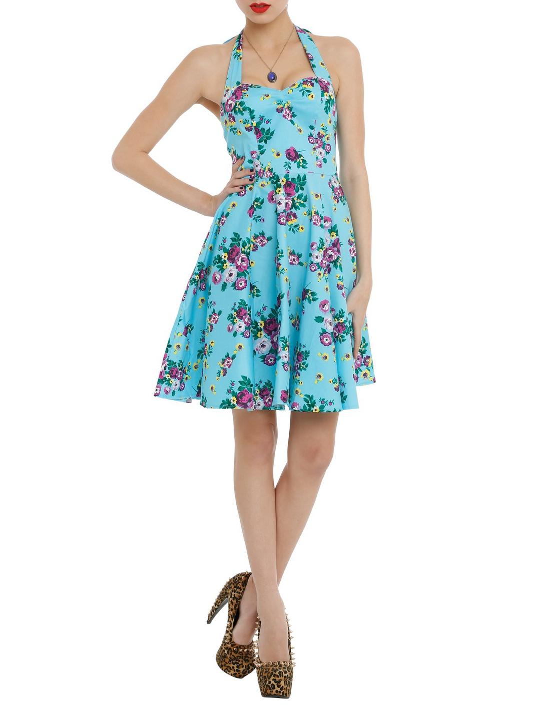 Hell Bunny Turquoise Floral Halter Dress, TURQUOISE, hi-res