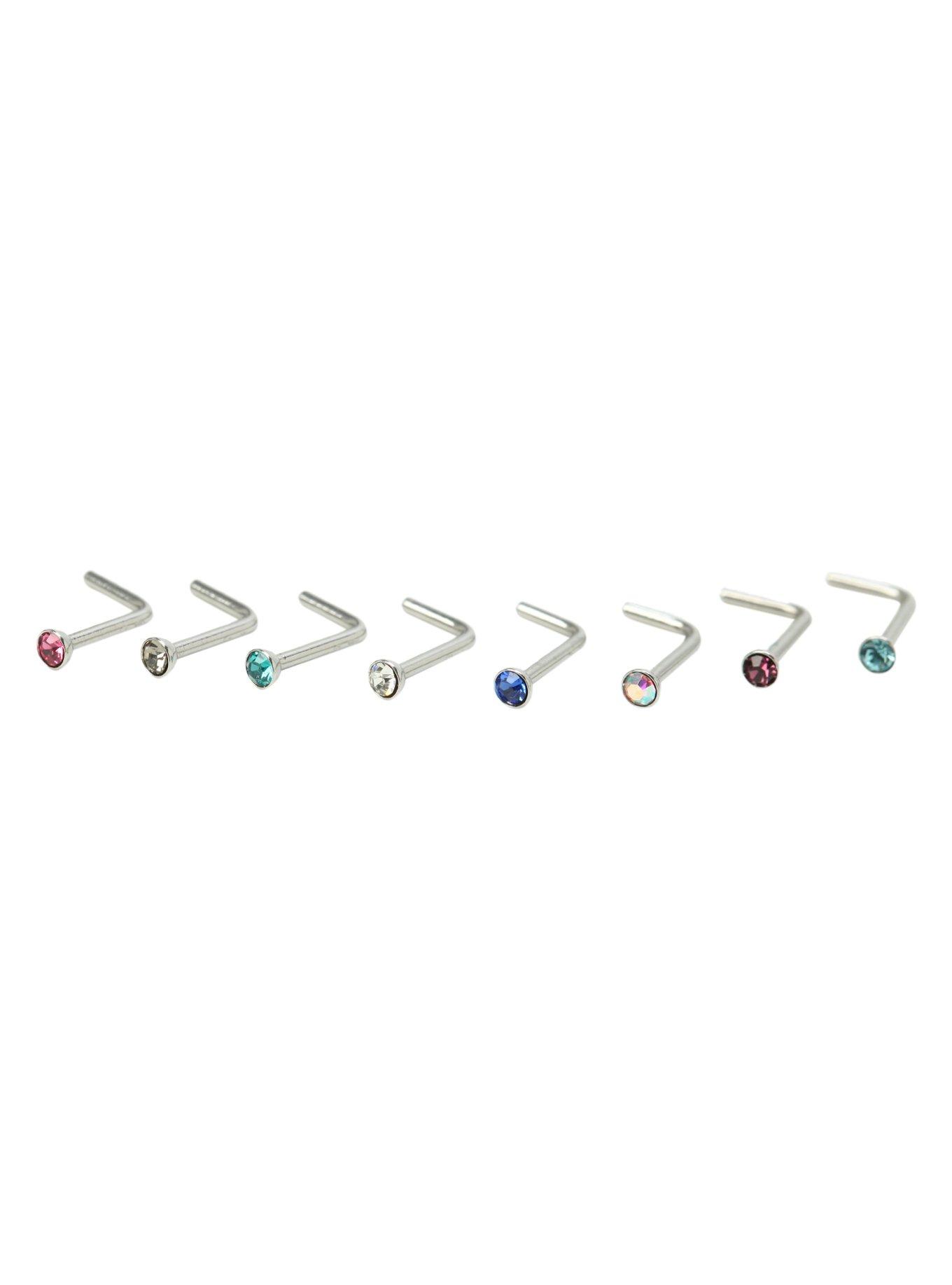 20G Steel Gem L-Shape Nose Bone 8 Pack, MULTI, hi-res