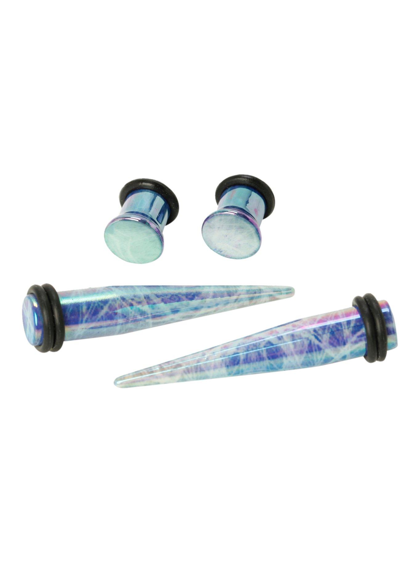 Acrylic Iridescent Blue Purple Taper And Plug 4 Pack, , hi-res