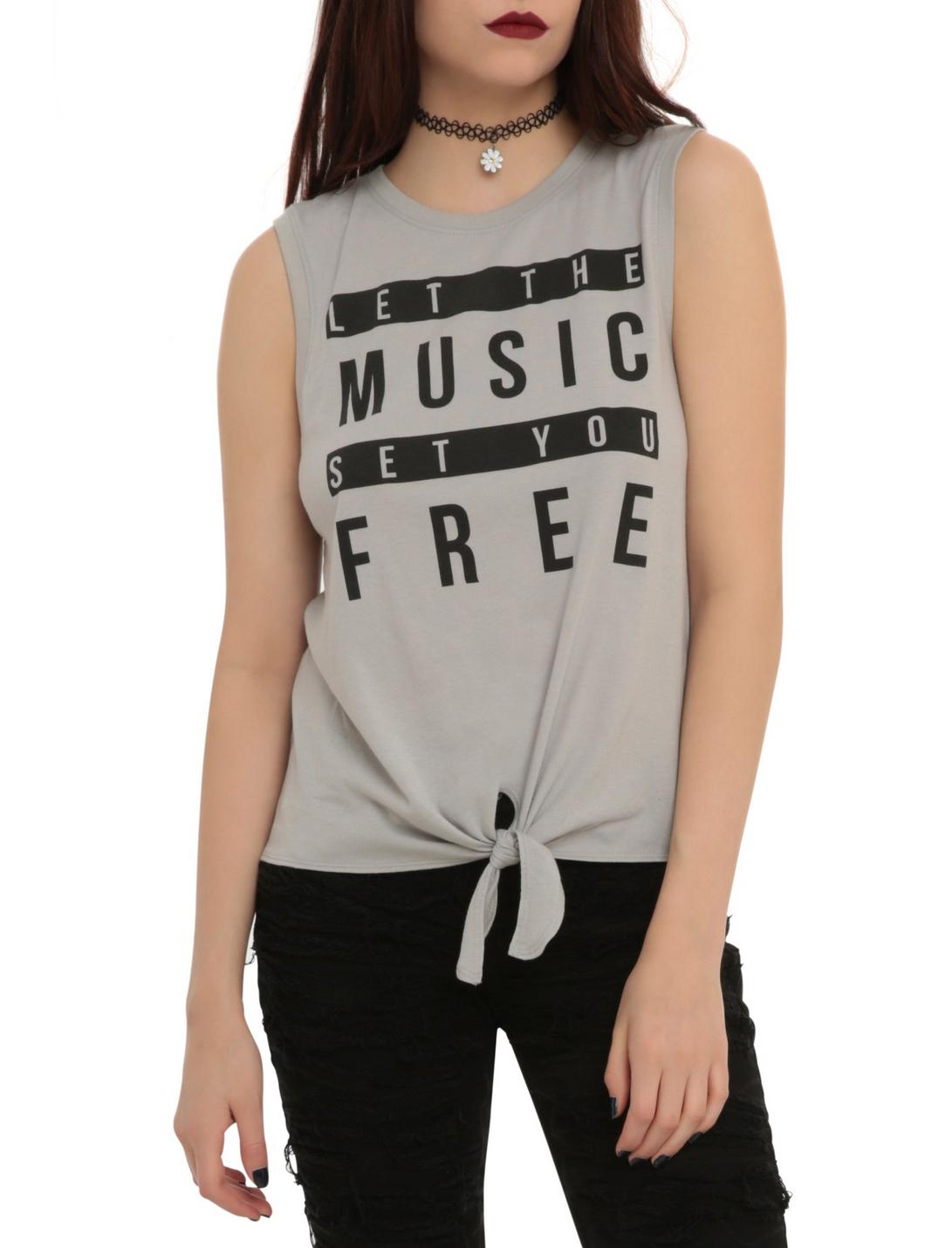 Music Set You Free Tie Front Girls Muscle Top, LIGHT GRAY, hi-res