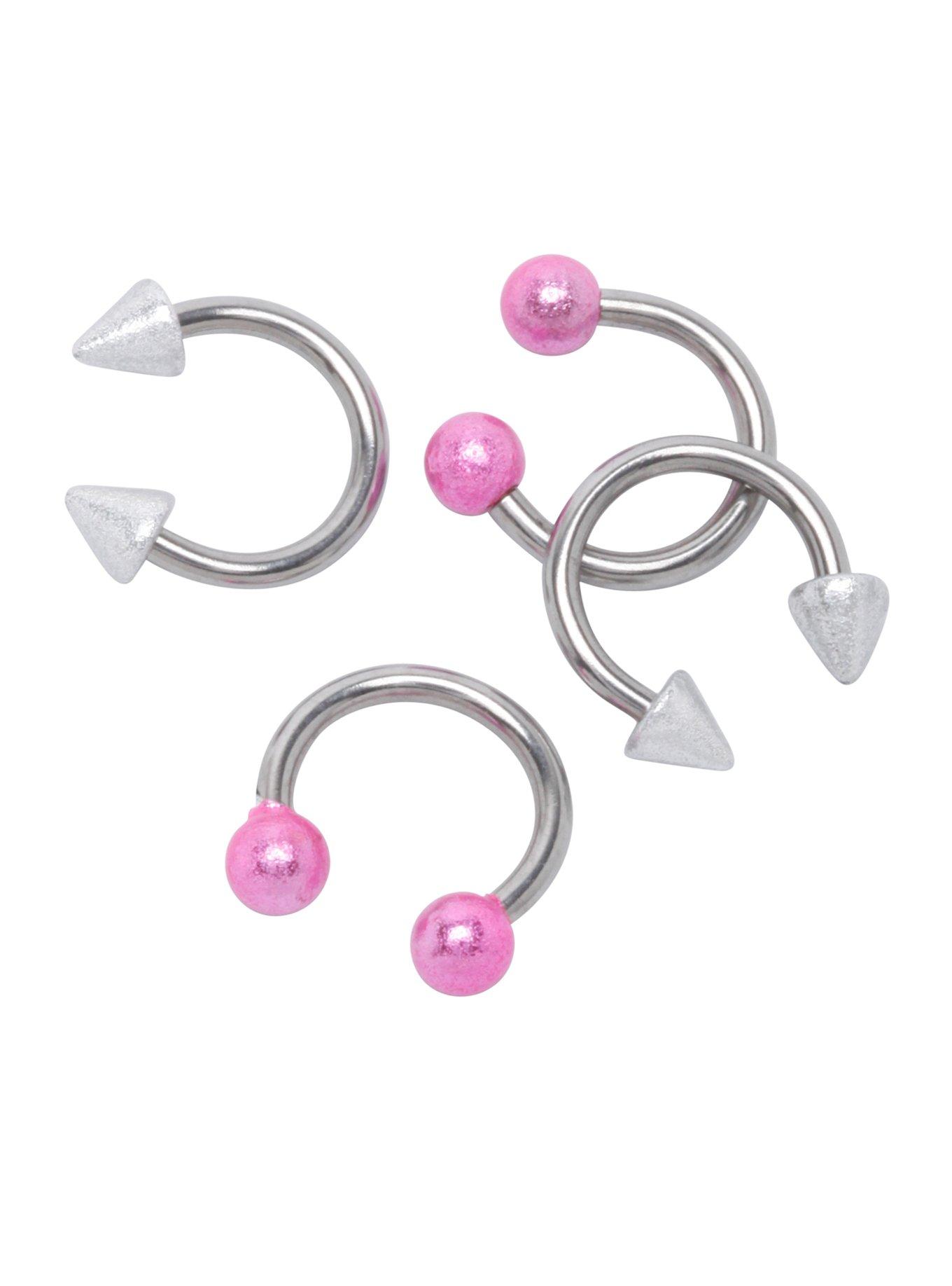 Steel Pink & Silver Metallic Ball & Spike Circular Barbell 4 Pack, , hi-res