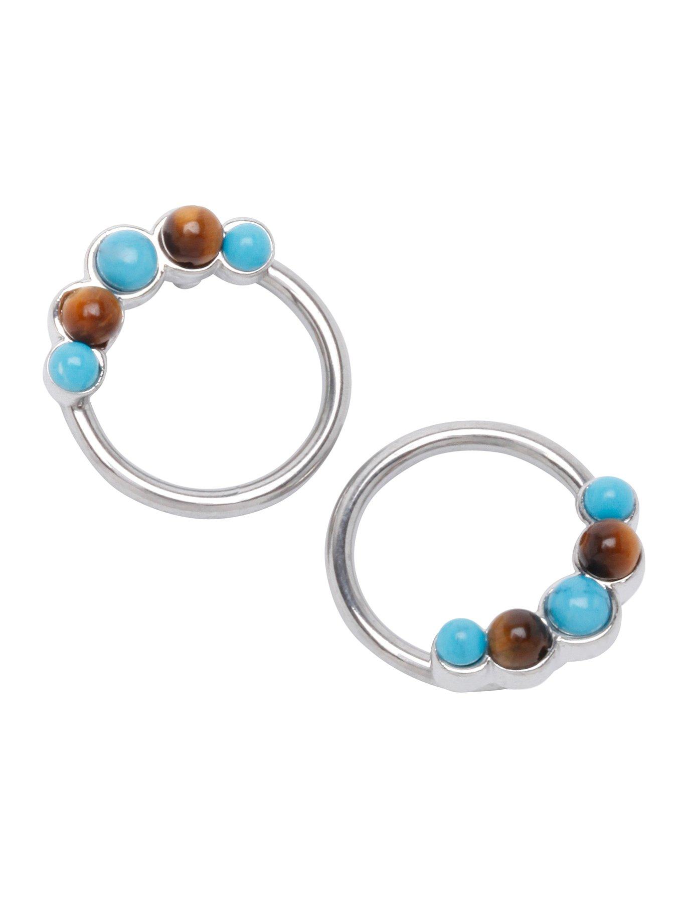 Steel Turquoise & Tiger Eye Stone Captive Hoop 2 Pack, TURQUOISE, hi-res