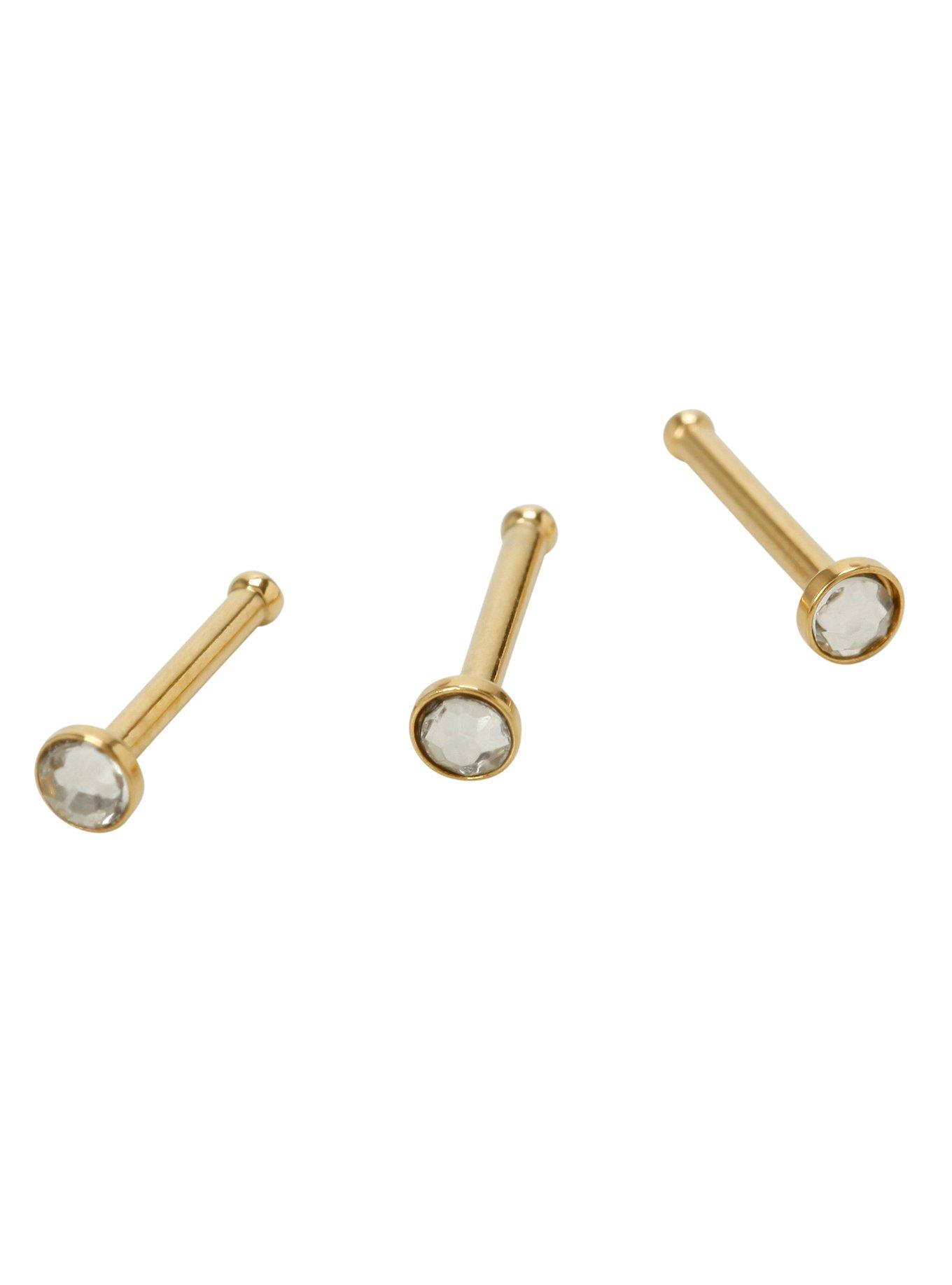 14kt Gold Plated Clear CZ Nose Bone 3 Pack, GOLD, hi-res